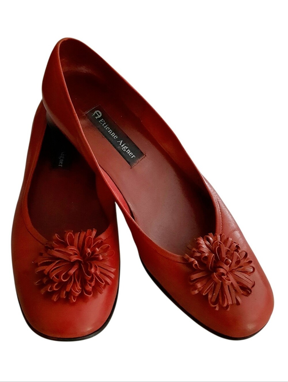 Vintage ETIENNE AIGNER Round Toe Leather Pom Pom Front Ballet Flats Red Sz 8.5